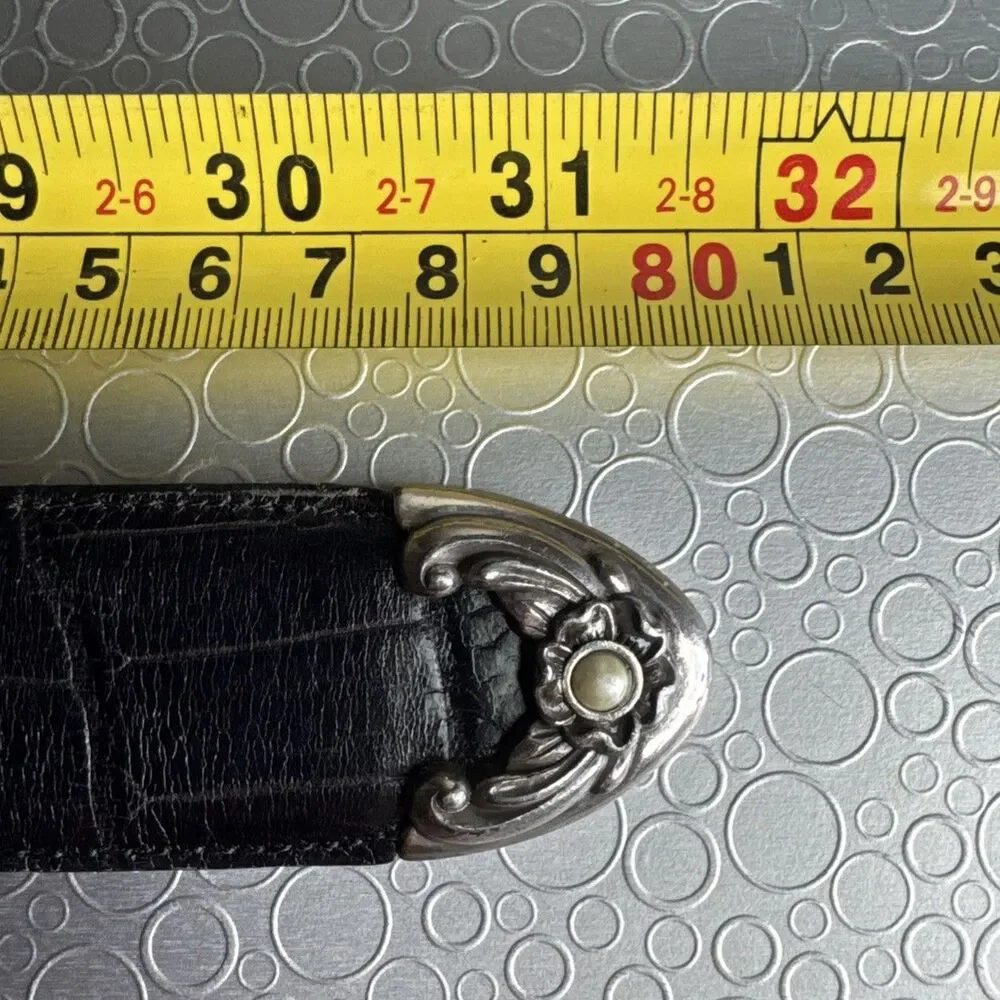 Vintage Brighton Black Croc Embossed Leather Belt S Faux Pearl Buckle 23503